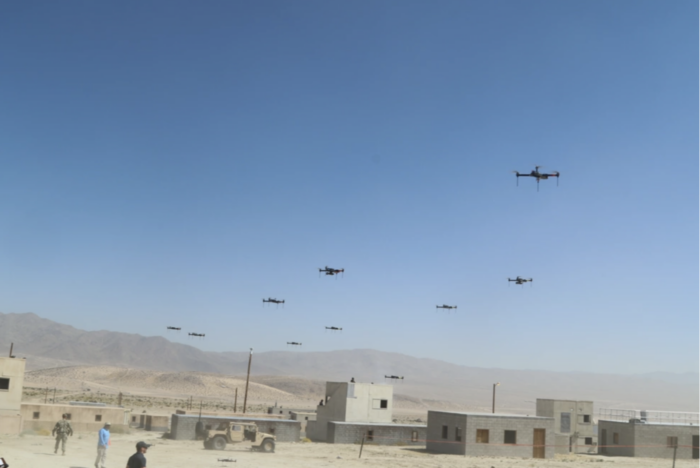 drone swarms over a military base